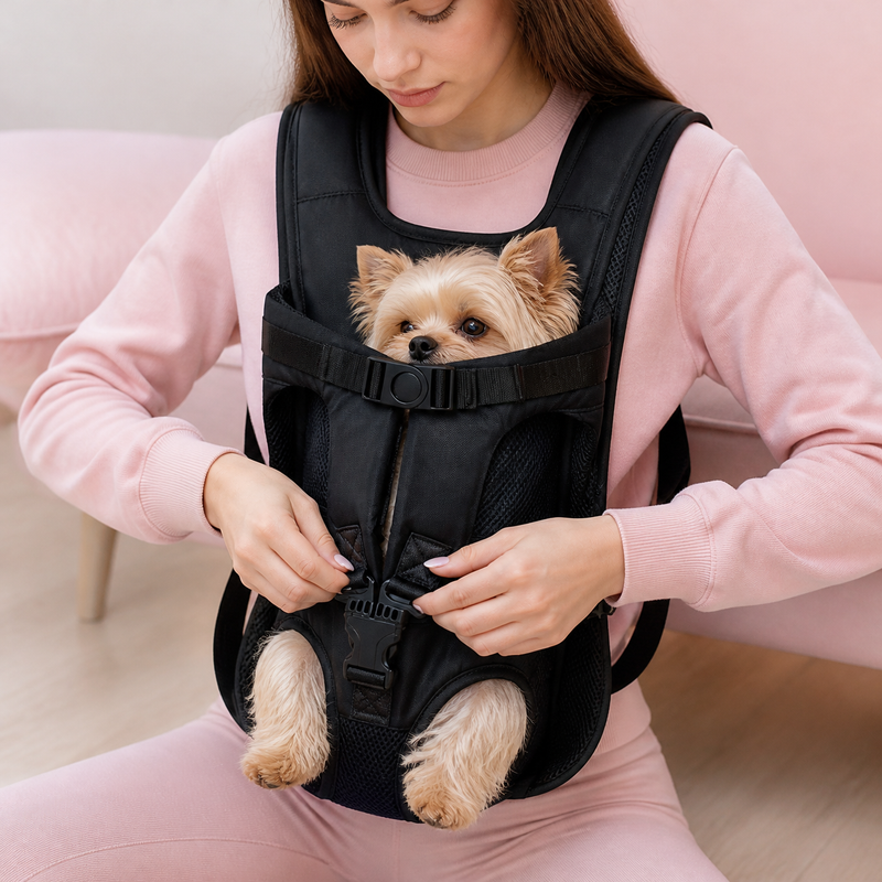 Paso 2: colocar al perro y abrochar la mochila (imagen ilustrativa generada con IA)
