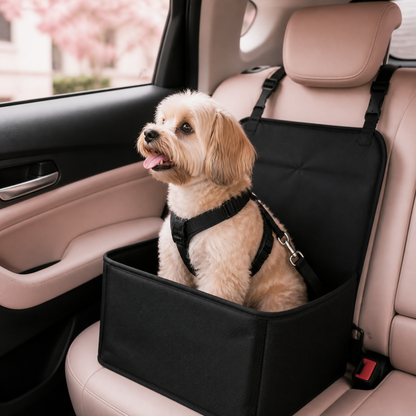 Perro pequeño en el asiento elevado del coche (imagen ilustrativa generada con IA)