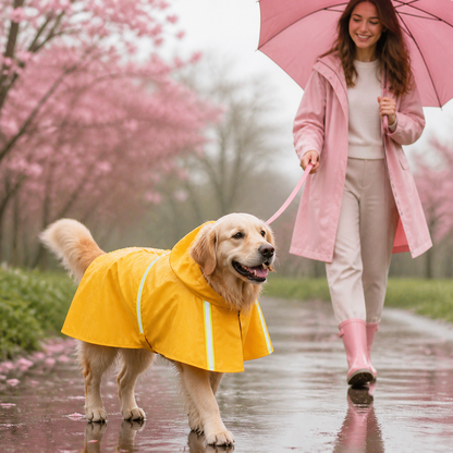 Perro con el chubasquero con capucha en un paseo bajo la lluvia (imagen ilustrativa generada con IA)