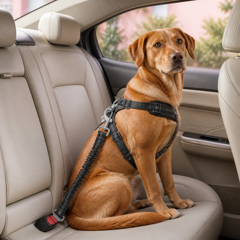 Perro con arnés sujeto con el cinturón de seguridad en el asiento trasero (imagen ilustrativa generada con IA)