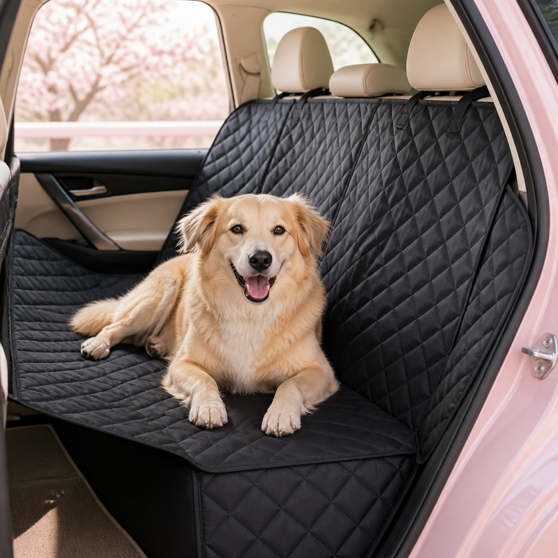 Perro tumbado sobre la hamaca en el asiento trasero del coche (imagen ilustrativa generada con IA)